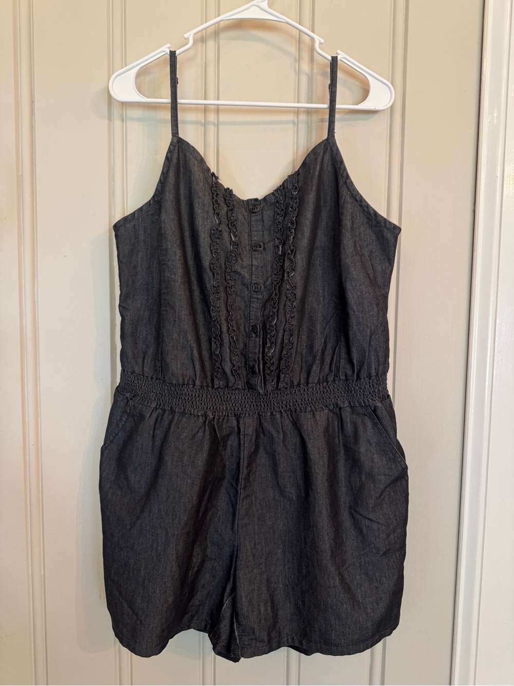 Cato Plus Size Black Denim Romper Smocked Waist Ruffle Detail lightweight